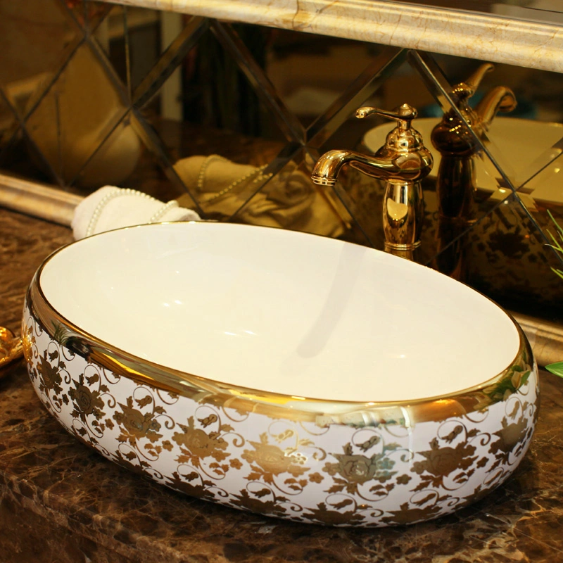 Chaozhou Gold Color Basin Bowl Table Mount Ceramic Bathroom Sinks Modern Oval Ceramic Golden Basin with Floral Design