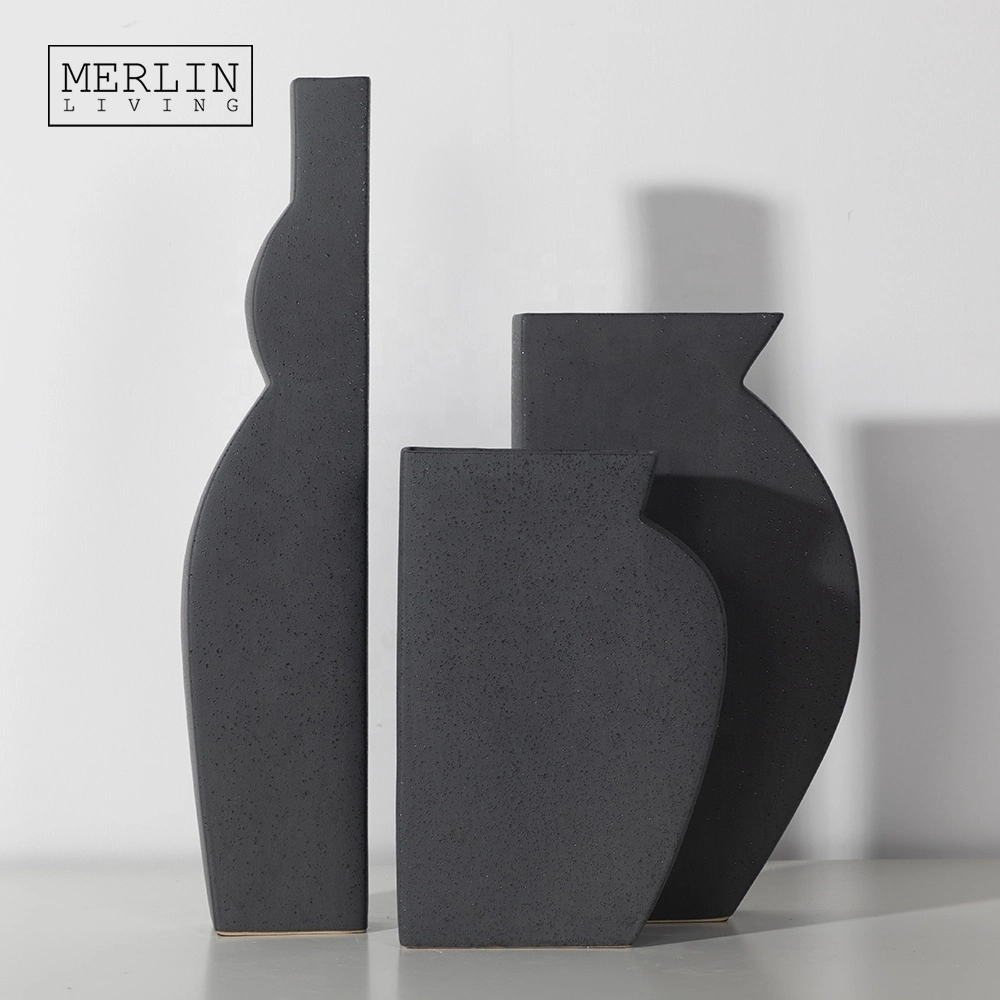 Decorative Modern Matte Black Ceramic Vases for Home Decor Vase Set Ornament Porcelain Minimalist Flower Vase