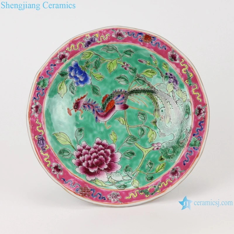 Chinese Handmade Famille Rose Phoenix Pony Flower Ceramic Fruit Plate with Stand