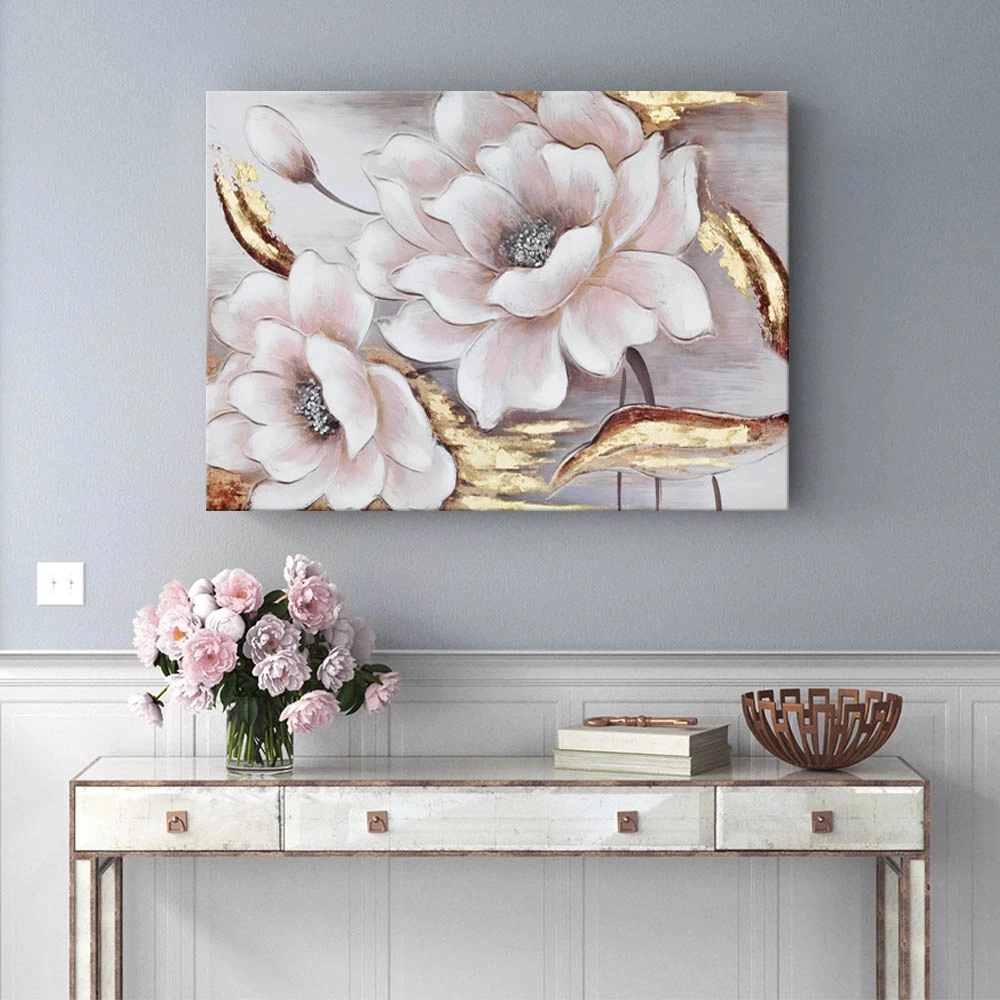 Gold Foil Golden Wall Art Printing Custom Canvas Painting Cheap Home Room Decor Framed Picture Floral Flower Roses Modern