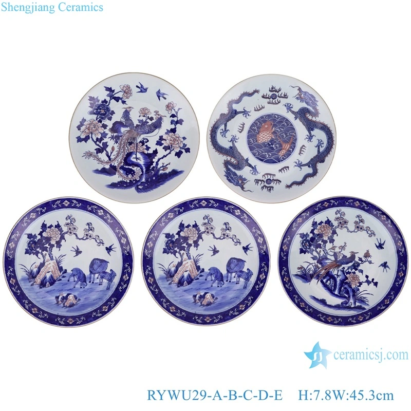 Blue and White Underglaze Red Handpainted Landscape, Dragon, Phoenix Flower and Bird Pattern Home Decorative Plate