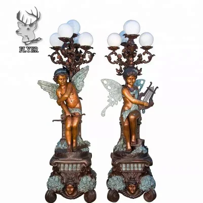 Lâmpada de luz doméstica para decoração de interiores, um par de lâmpadas de bronze fundidas luxuosas, anjo, senhora, segurando, escultura