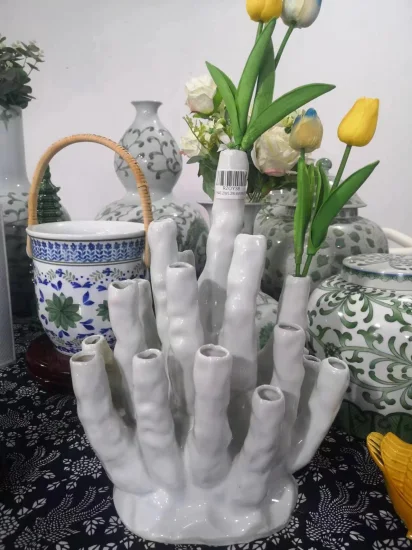 Estátuas decorativas de cerâmica, vaso de flor de porcelana branca e coral