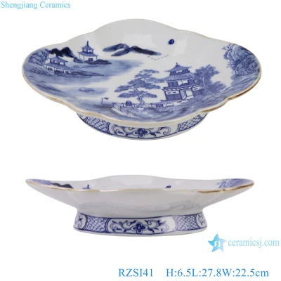 Prato de frutas de porcelana Jingdezhen azul e branco padrão de paisagem flor oval pé alto